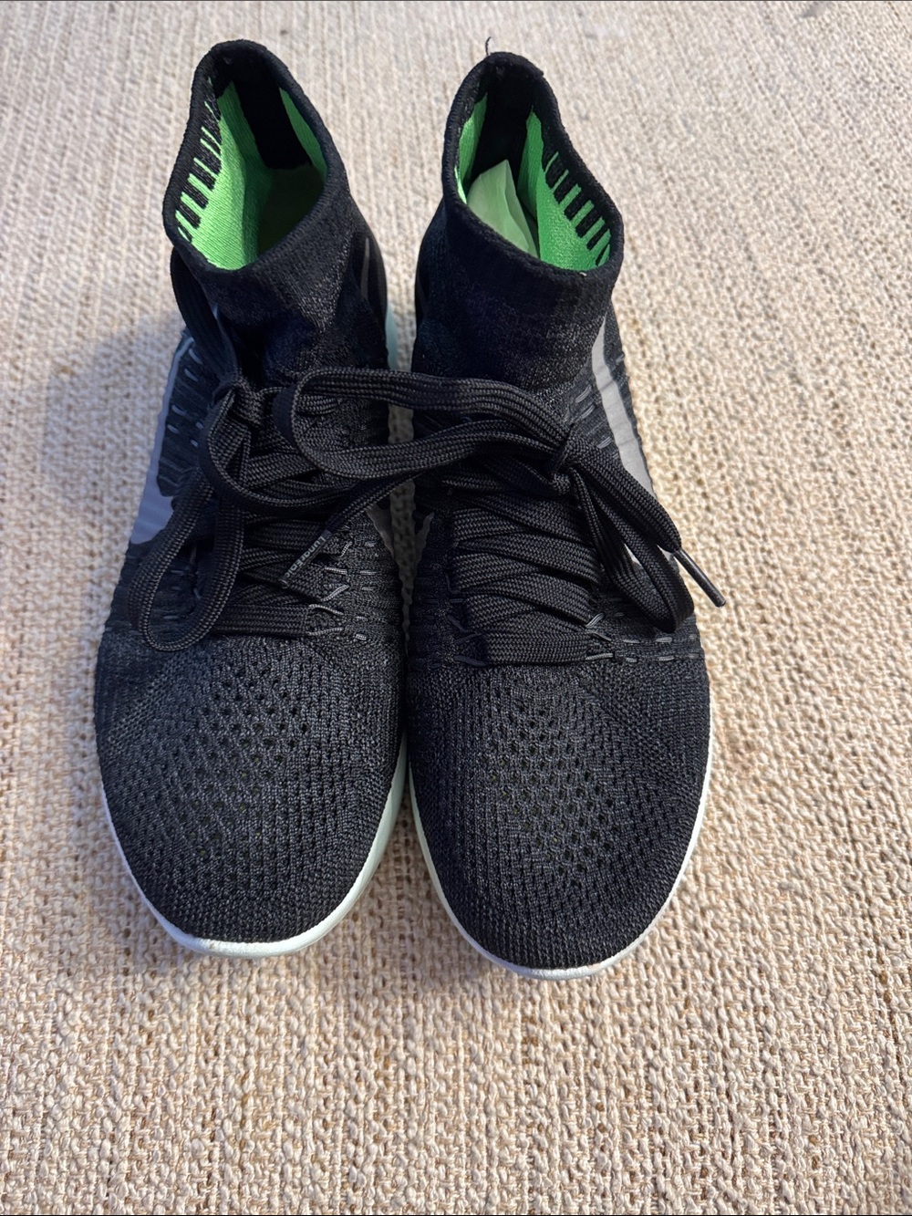 Nike Black Knit High-Top Athletic Shoes with Green Lining